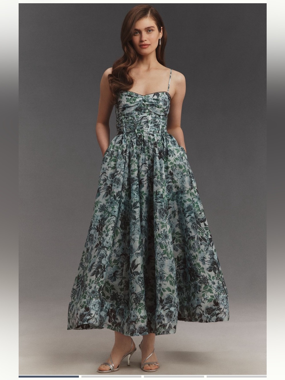 BHLDN Floral Bustier Blue-Green Floral Midi Dress